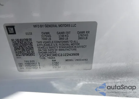 2018 Chevrolet Silverado 1500 1Lt from USA, damaged, VIN 1GCRCREC2JZ243909